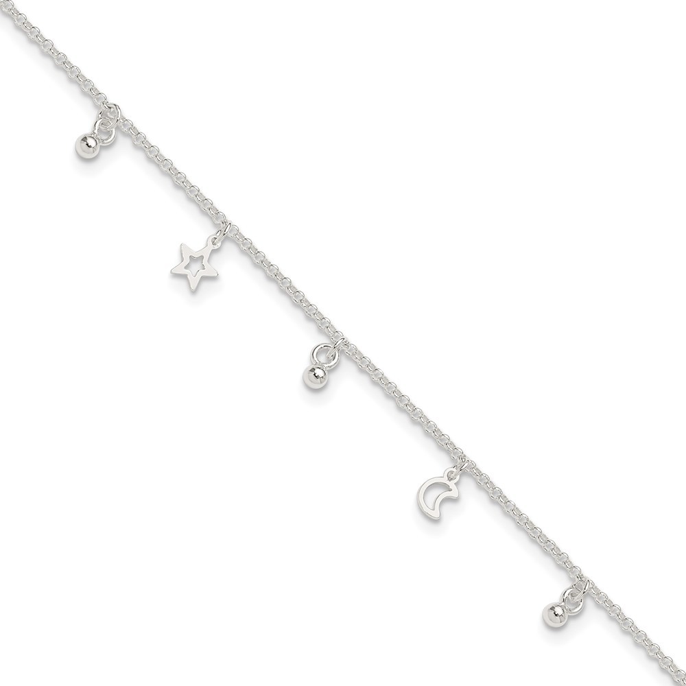 925 Sterling Silver Bead Star Charm and Moon 9" Plus 1" Ext. Fine Jewelry Anklet